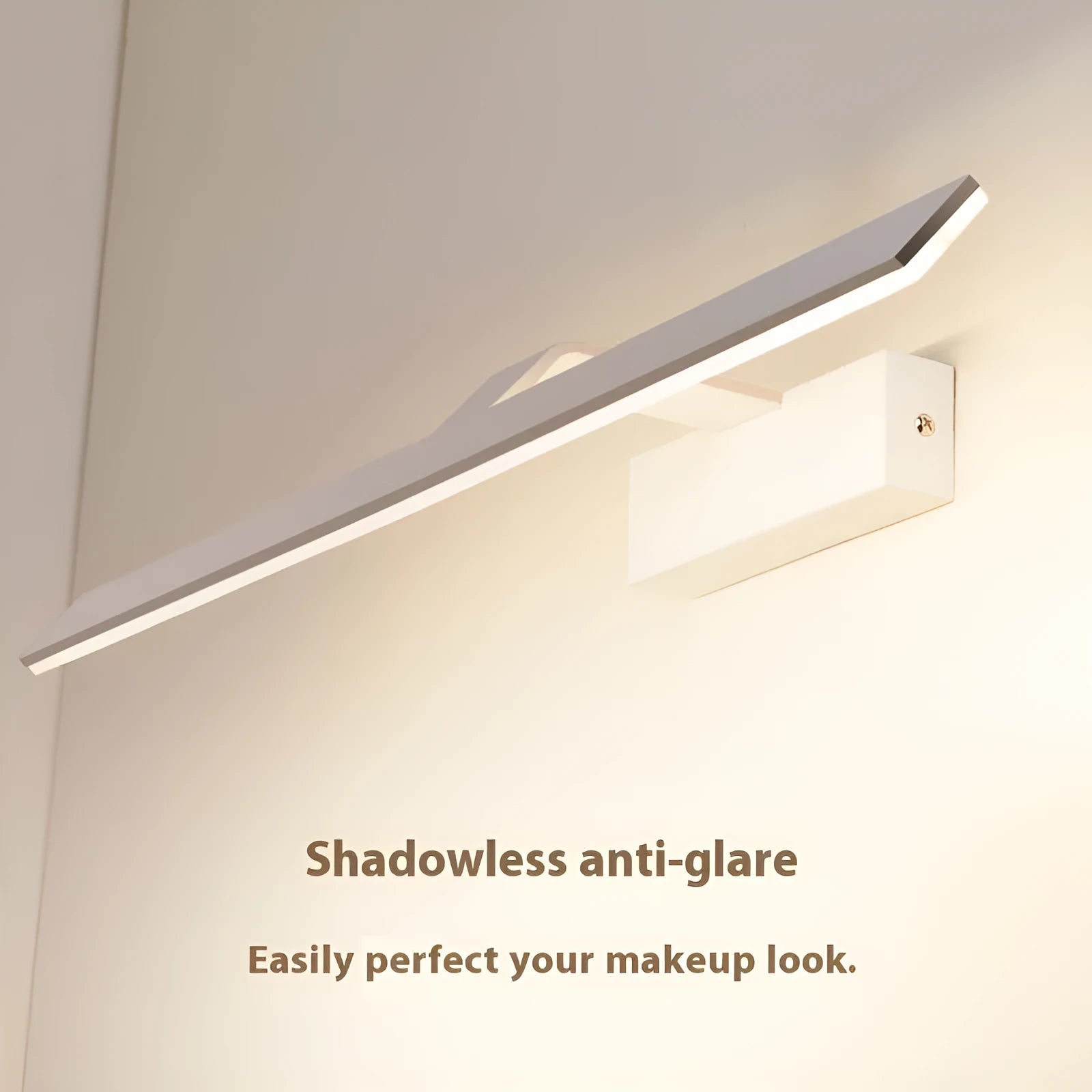 White LED mirror headlight for bathroom with positive white, warm white, and tri-colour dimmable lighting options.