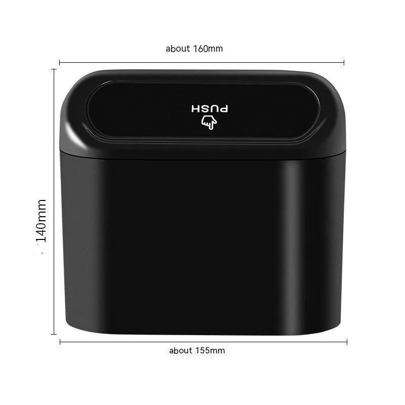 Black folding car trash can showing collapsed and expanded states for seat mounting