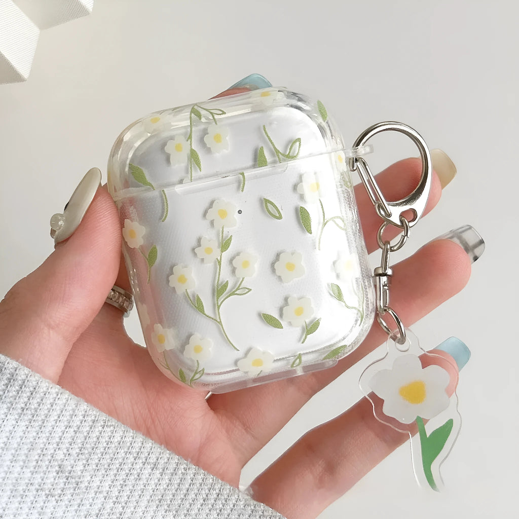 Transparent white floral TPU protective case for Apple AirPods showing decorative pattern