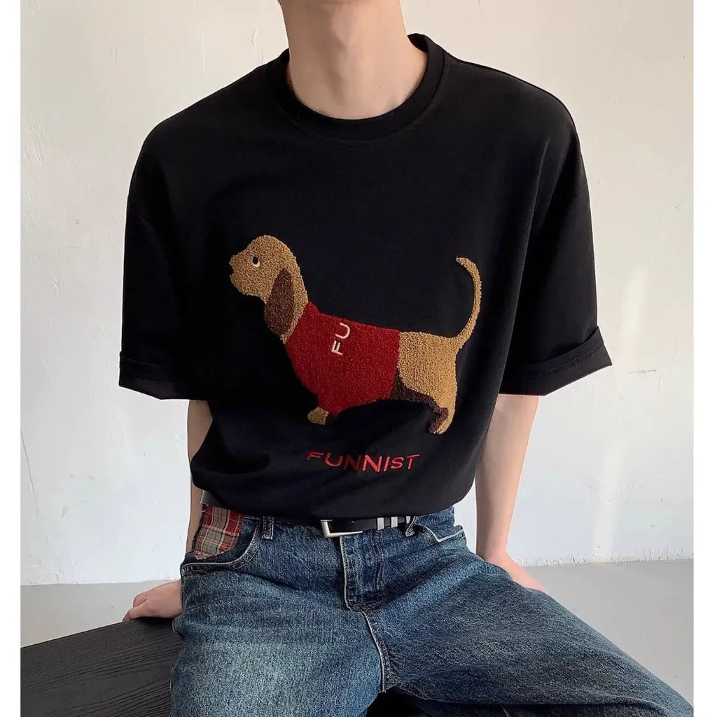 Men's grey cotton T-shirt with sausage dog towel embroidery on front, short sleeves, round neck