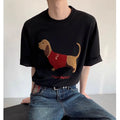 Men's grey cotton T-shirt with sausage dog towel embroidery on front, short sleeves, round neck