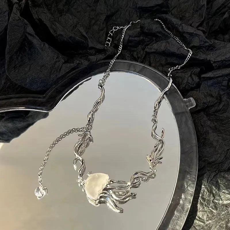 Alloy jellyfish tassel necklace for women with electroplating finish, 5 colour options, includes earrings
