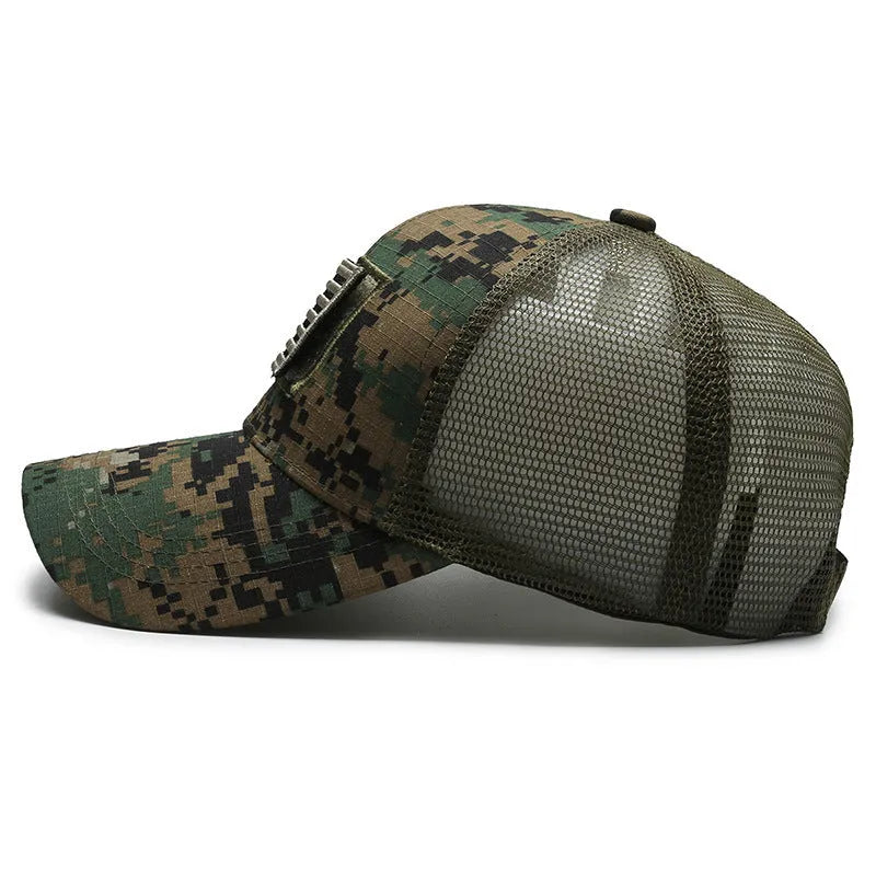 Tactical camouflage baseball cap with machine embroidery, adjustable Velcro back, and dome crown design