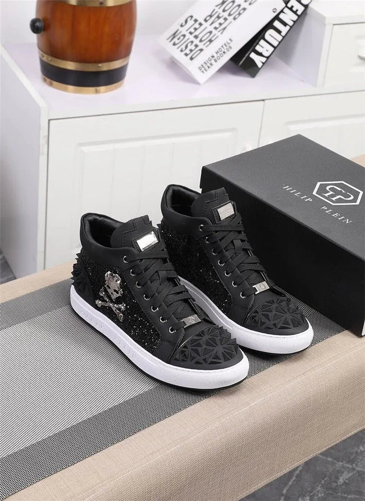 Men's black and red high-top skeleton shoes made from genuine leather with a lace-up front.