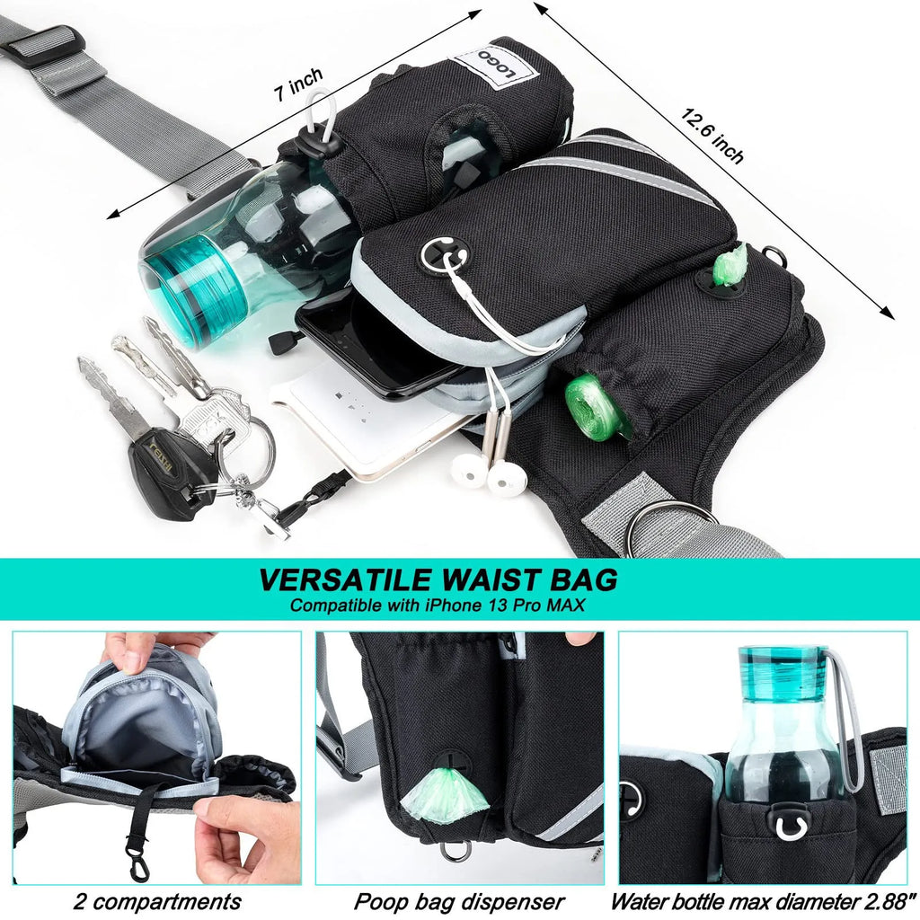 Black waterproof nylon pet training waist bag with dog leash and collar set for outdoor use