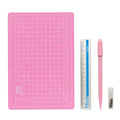 Art pen knife cutting board set with backing board, ruler, sharpener and blade in blue, green, grey, pink or purple