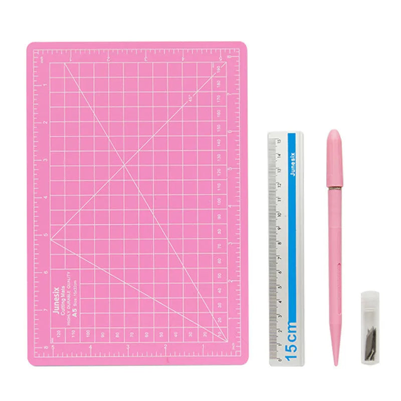 Art pen knife cutting board set with backing board, ruler, sharpener and blade in blue, green, grey, pink or purple