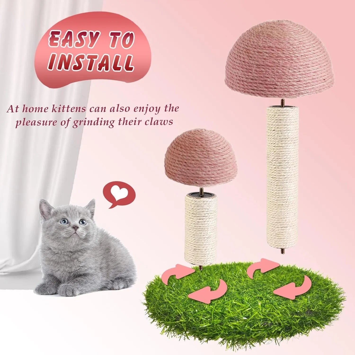 Pink mushroom-shaped cat scratching post with natural sisal cap and pole for small cats