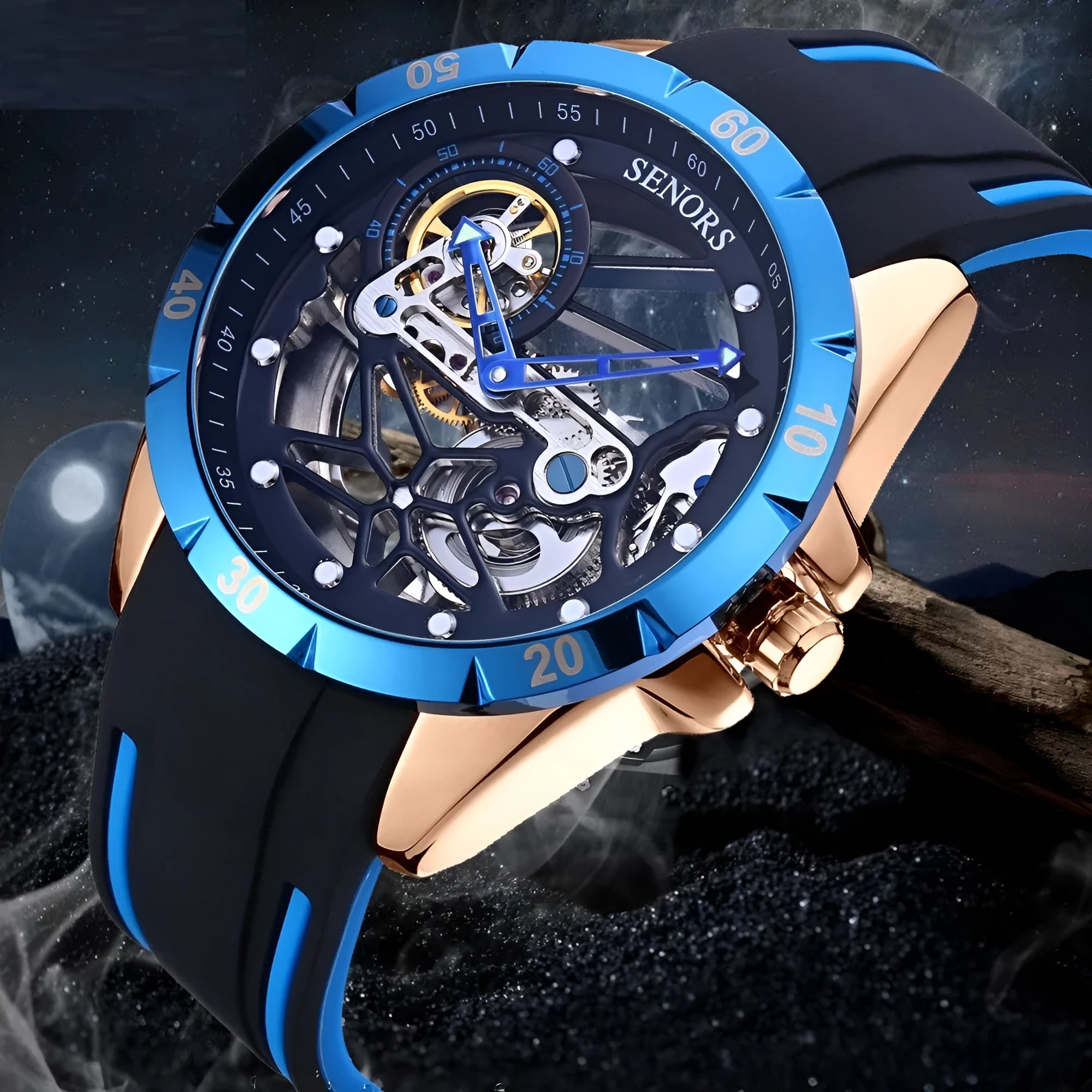 Men's automatic hollow watch with business styling in rose golden blue colour