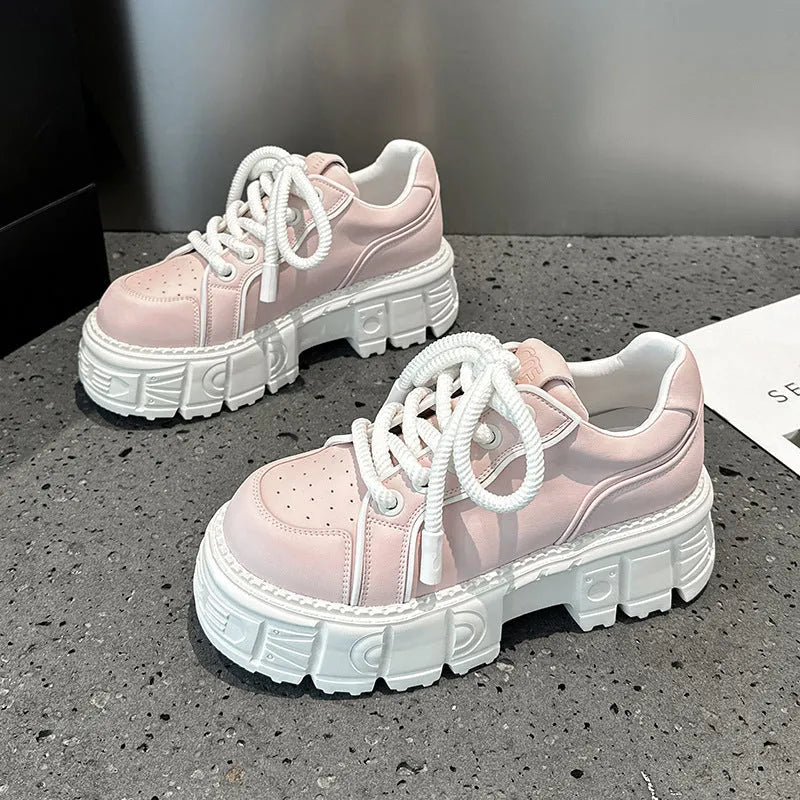 Beige and pink leather casual shoes with spring muffin bottom design and rubber foam soles