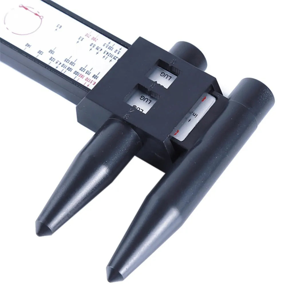 Plastic digital hole distance measuring tool with electronic caliper display, shown with dimensions.