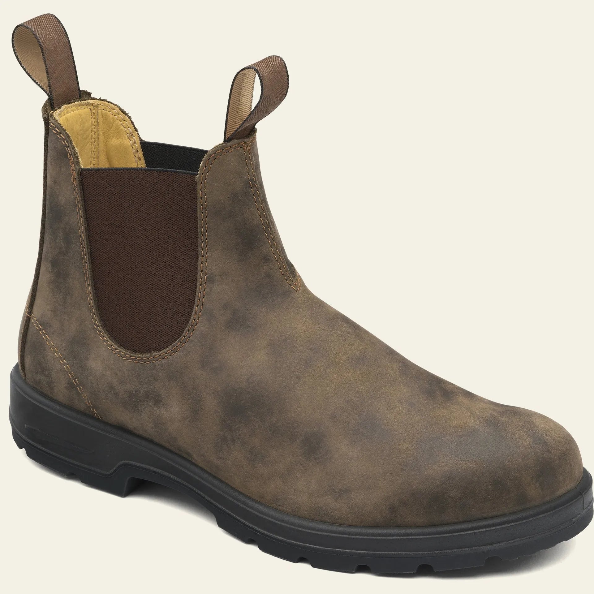 Brown vintage-style unisex Chelsea boots with a frosted finish and round toe.