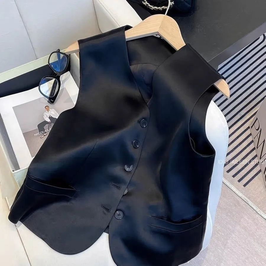Black satin ladies' sleeveless vest on a hanger, showing loose fit.