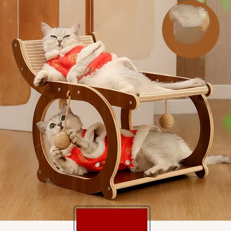 Solid wood cat bed with sisal scratching surface in walnut colour finish