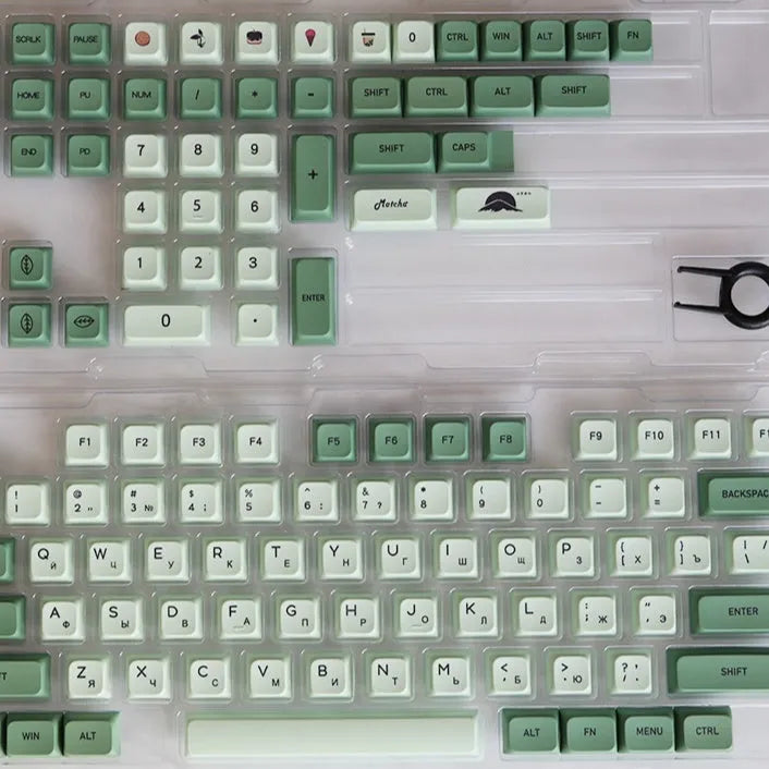 124-key Matcha green PBT keycap set for a mechanical keyboard, showing multiple language layout options.