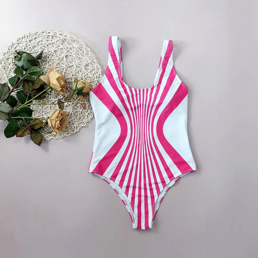 Pink striped one-piece swimsuit for women with digital print on front and back.