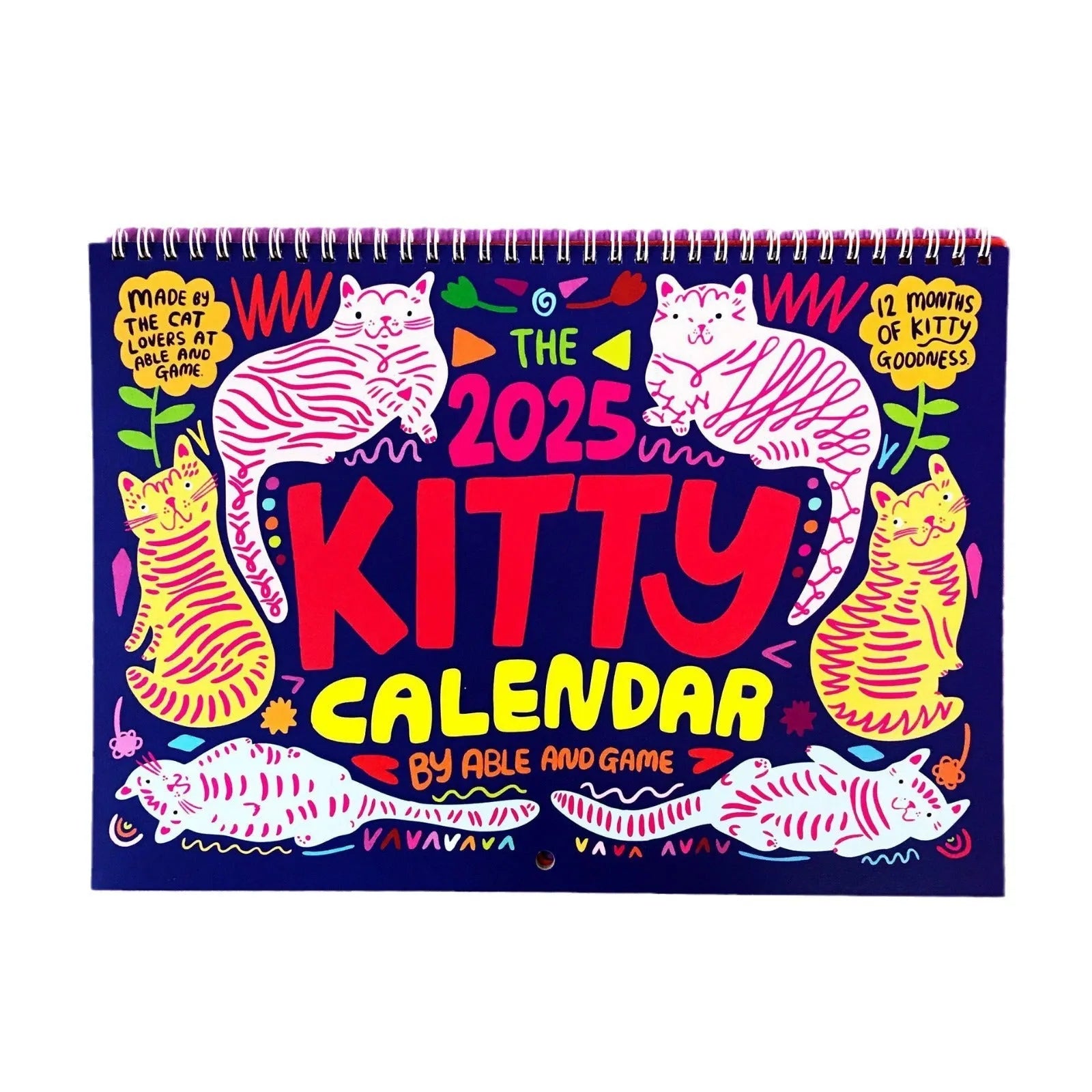 Large A3 cat-themed paper wall calendar for 2024 or 2025 displayed on a wall.