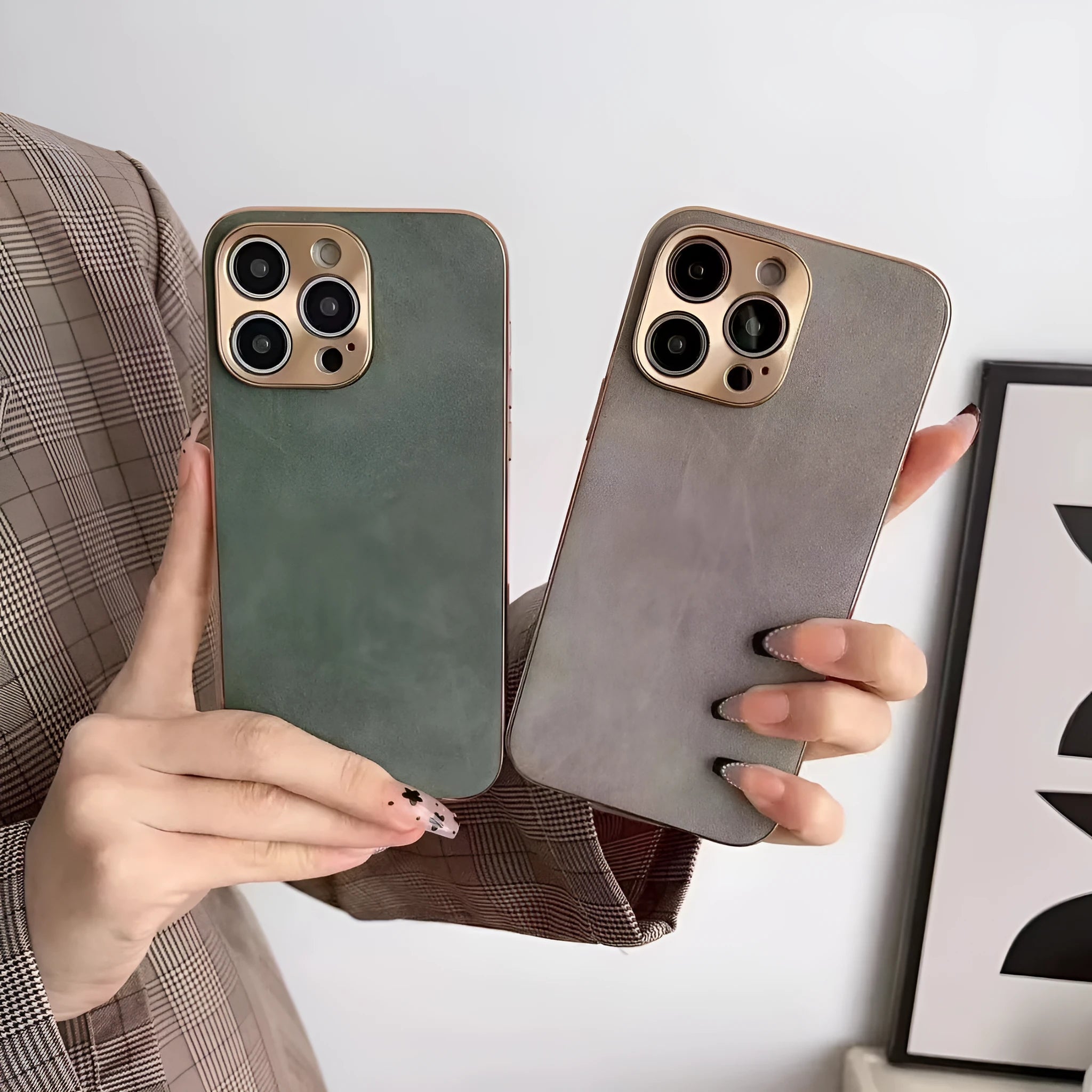 Leather texture solid colour TPU phone case for iPhone, shown in grey, black, grey-green, and blue.