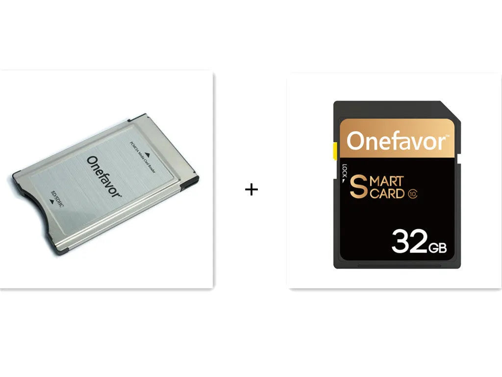 SD to PCMCIA adapter card with stainless steel housing and inserted 32GB SD card for Mercedes-Benz cars.