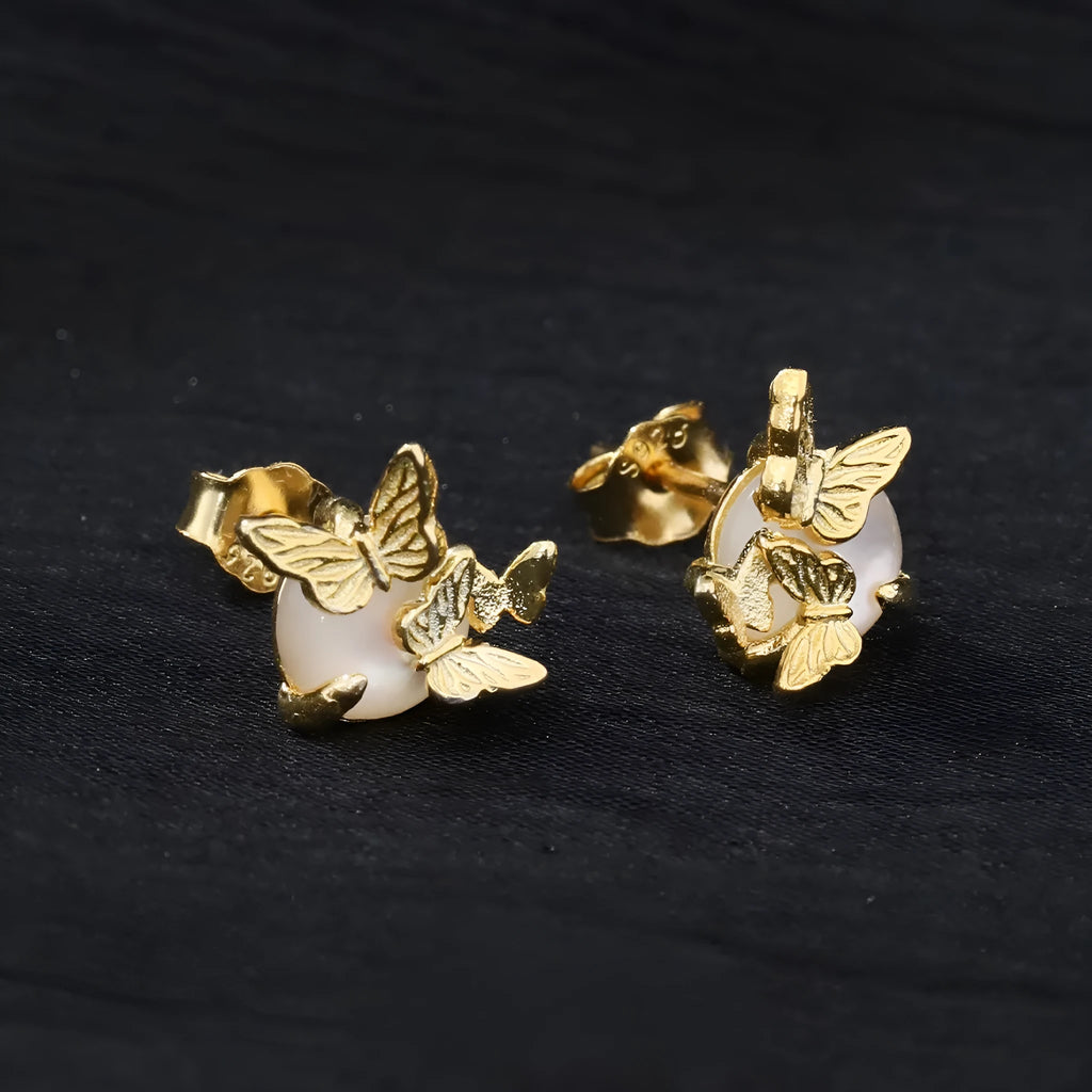 Butterfly motif sterling silver ear studs with electroplated gold or white gold colour finishes