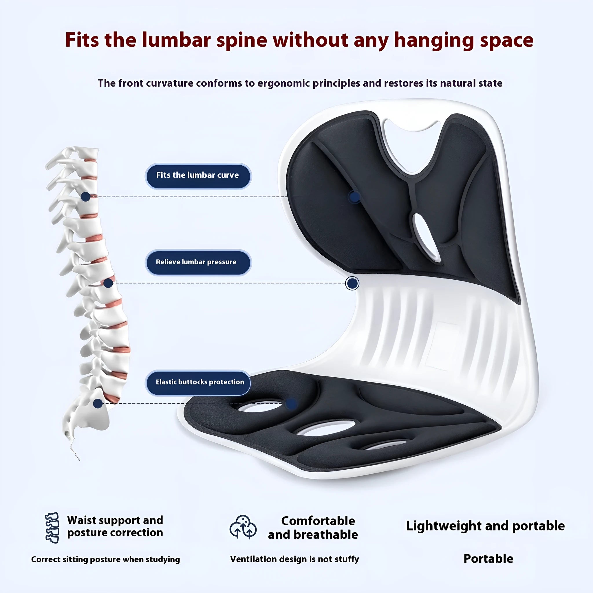 Japanese style lumbar support cushion in grey or black colours for office chair or car seat