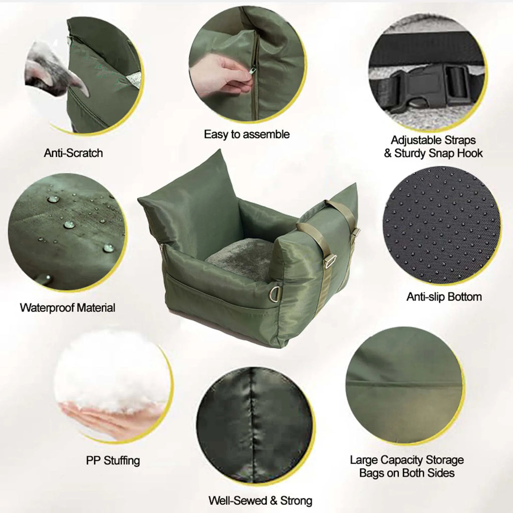 Waterproof non-slip car kennel for dogs in olive green double seat size 65x65x35 cm