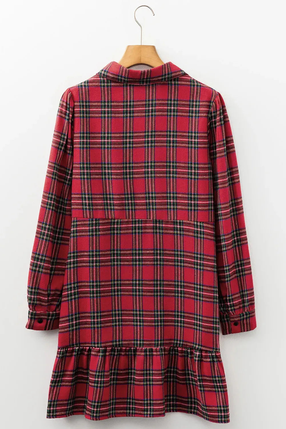 Red plaid mini dress with shirt collar, button front, long sleeves, and ruffle hem detail