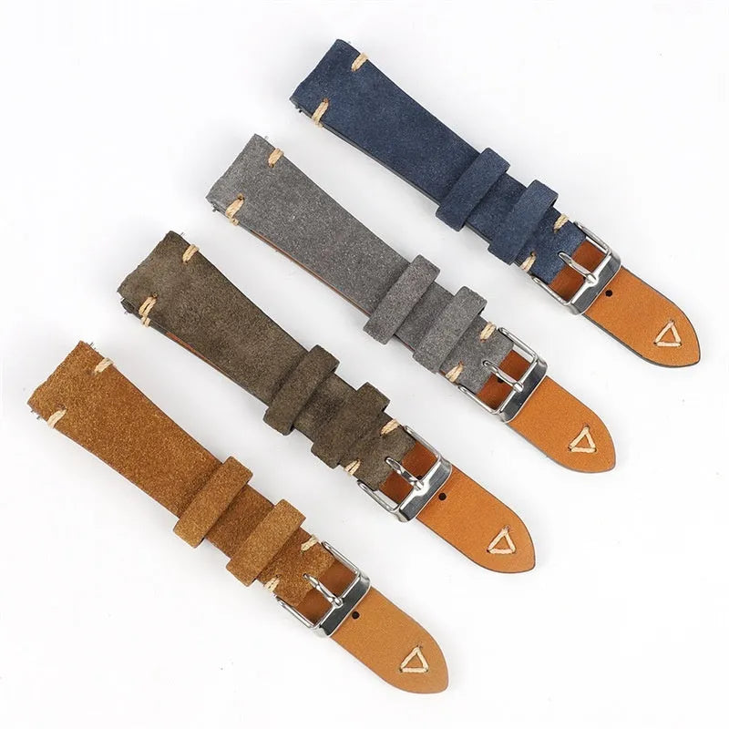 Genuine suede leather watch strap in brown, shown in 20mm width with exotic ethnic styling.