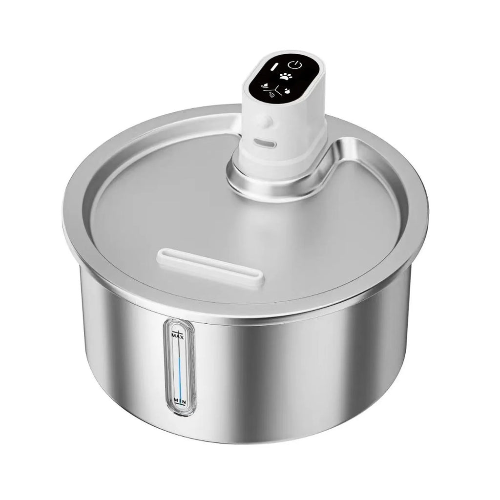 Stainless steel automatic pet water fountain with heater and thermostat control.
