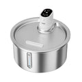 Stainless steel automatic pet water fountain with heater and thermostat control.