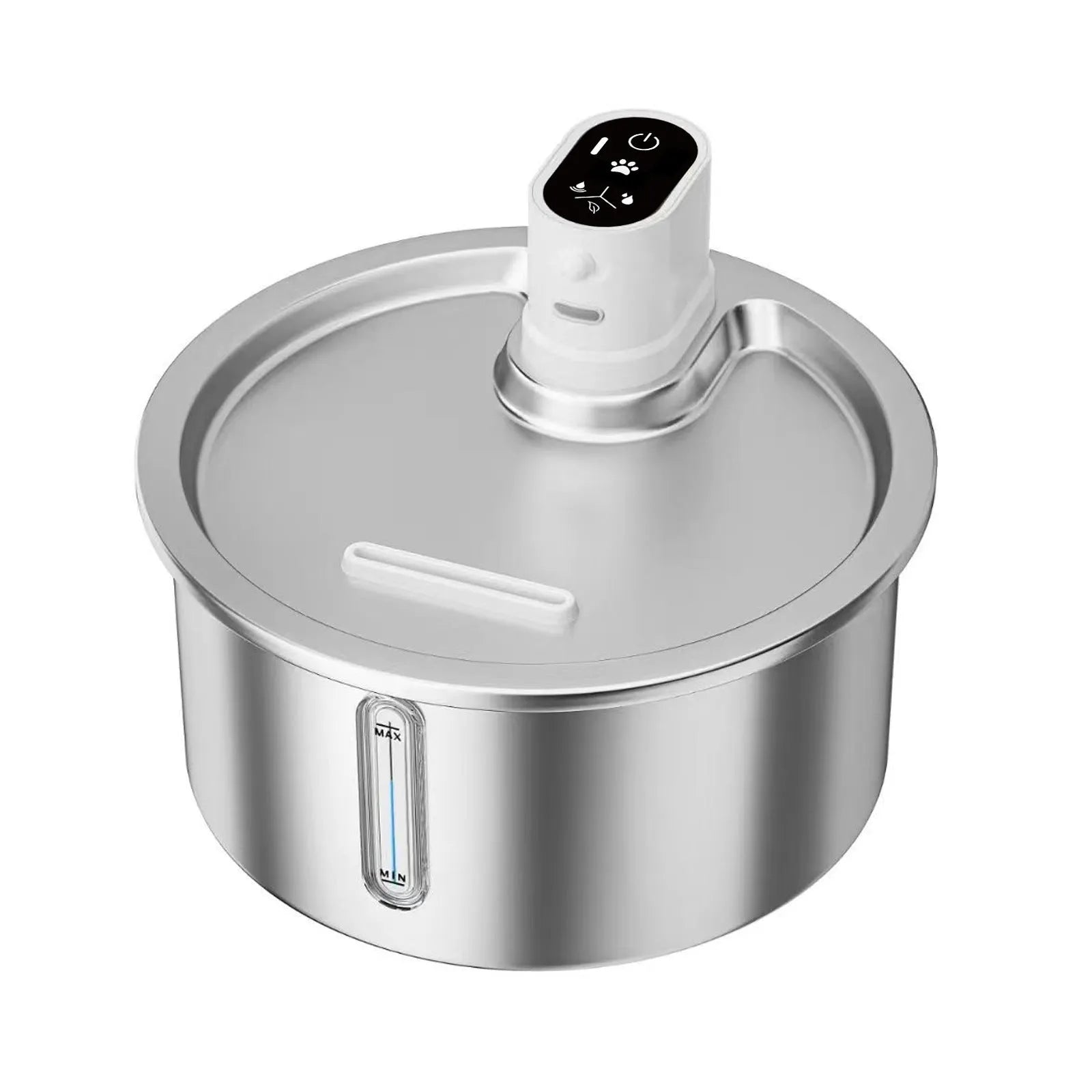 Stainless steel automatic pet water fountain with heater and thermostat control.