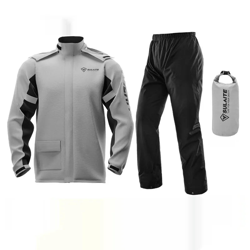 Motorcycle rain suit set showing raincoat, rain trousers, shoe covers, and storage bag laid out.