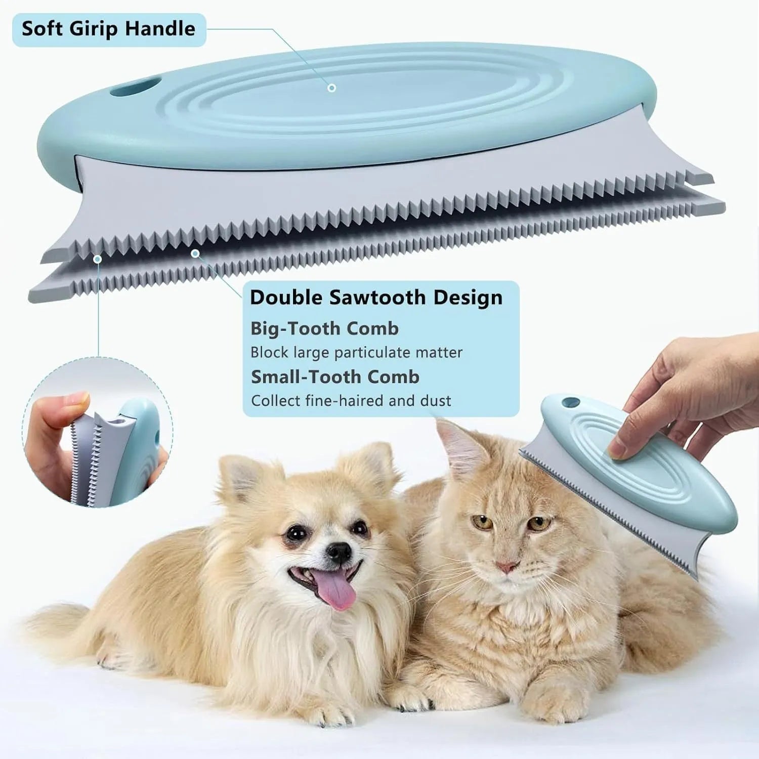 Three-piece pet hair remover set with metal scraper, silicone brush, and round cleaner