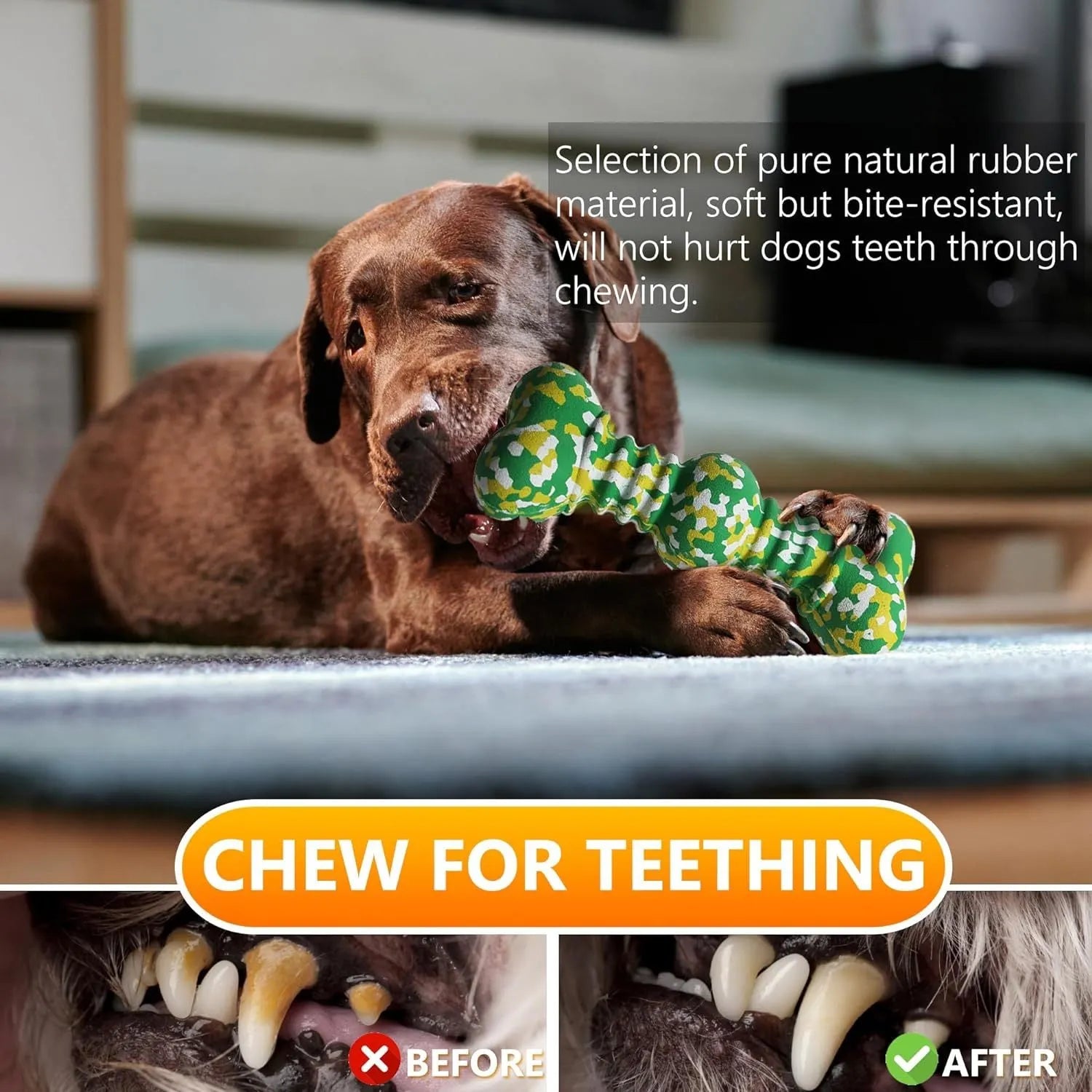 USDA Organic certified natural rubber dog chew toy in camouflage pattern, two size options for medium to large breeds