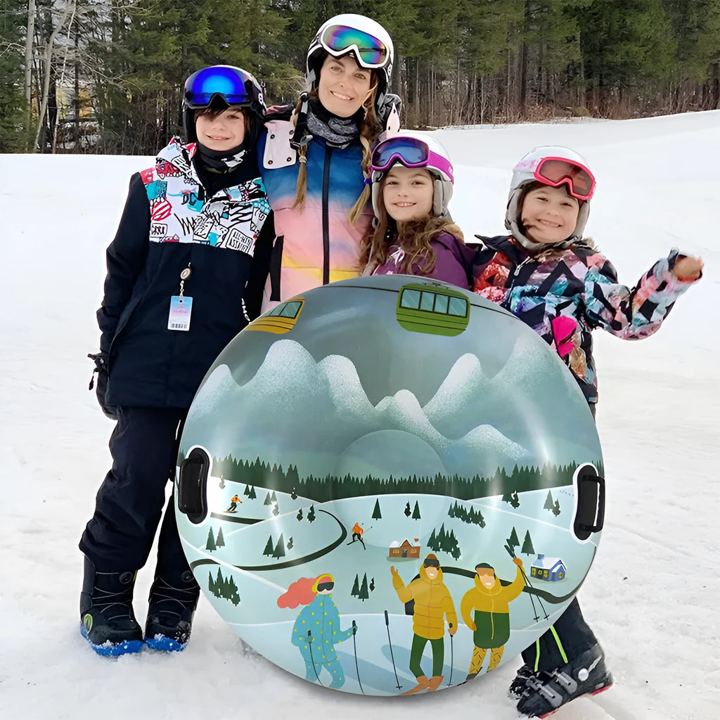 A thick PVC children's ski ring toy for outdoor winter play, shown in flame red, ice-blue, and snow mountain print designs.