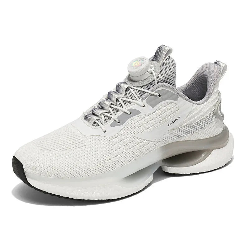 Rotating button running shoes in beige with Fly-kit mesh upper and buckle fastening