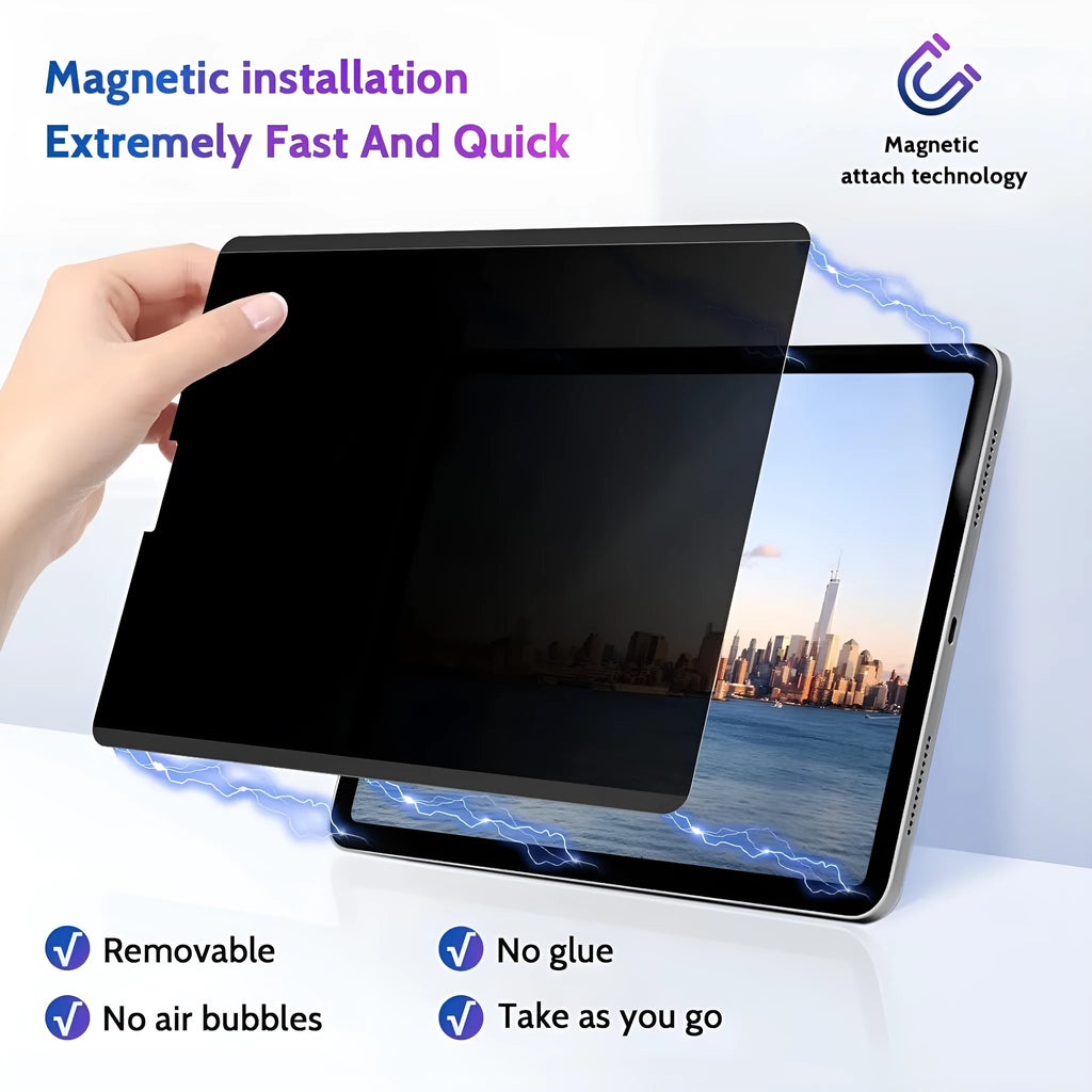 Magnetic iPad anti peeping film and storage clip shown next to an iPad
