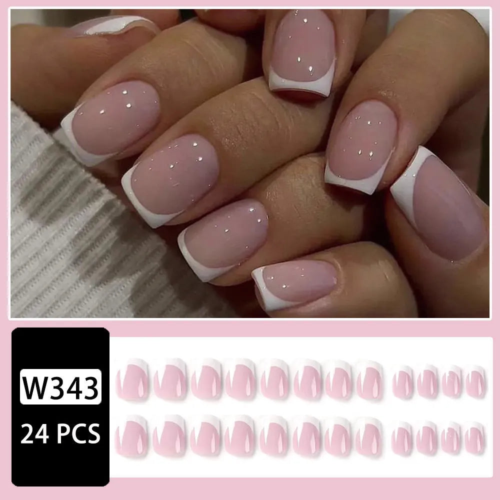 White false nails with black plaid pattern design, 24 piece acrylic nail tips set
