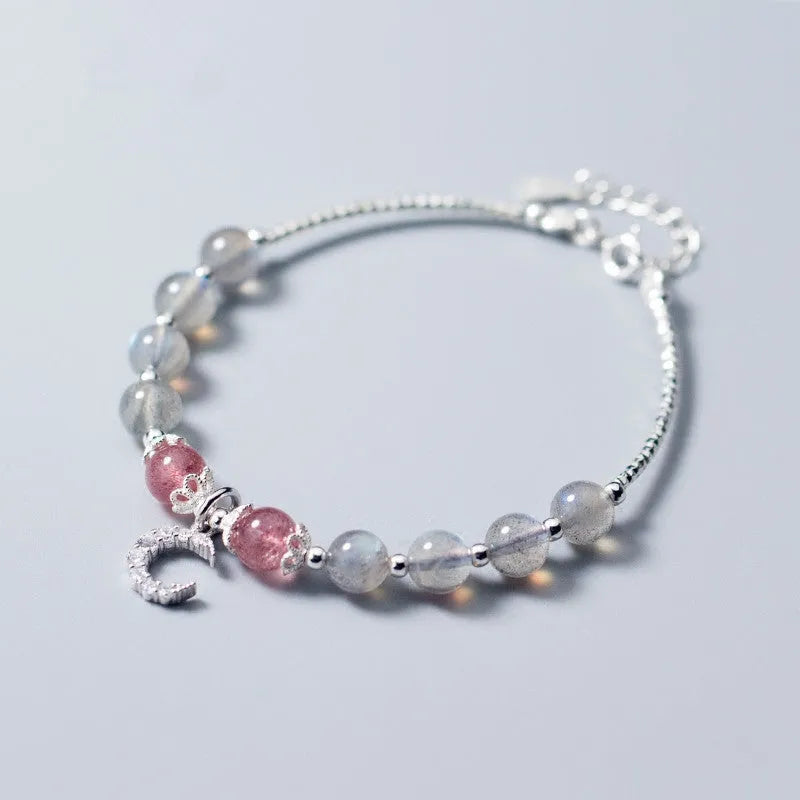 Natural moonstone handmade bracelet with adjustable chain and moon charms