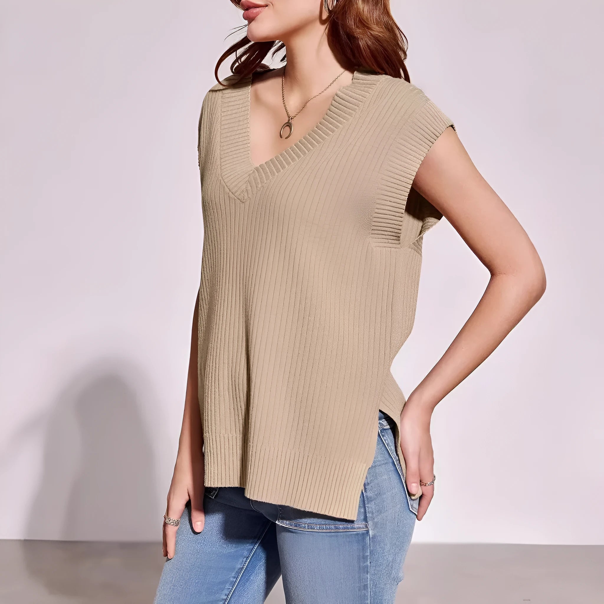 Sleeveless V-neck pullover vest in viscose fibre with striped pattern in camel colour