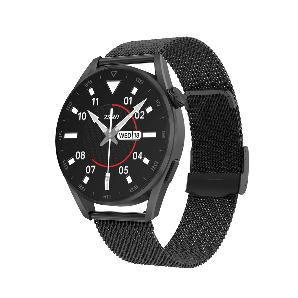 Smart watch with Bluetooth calling on wrist showing 1.3 inch IPS touchscreen display with metal strap option