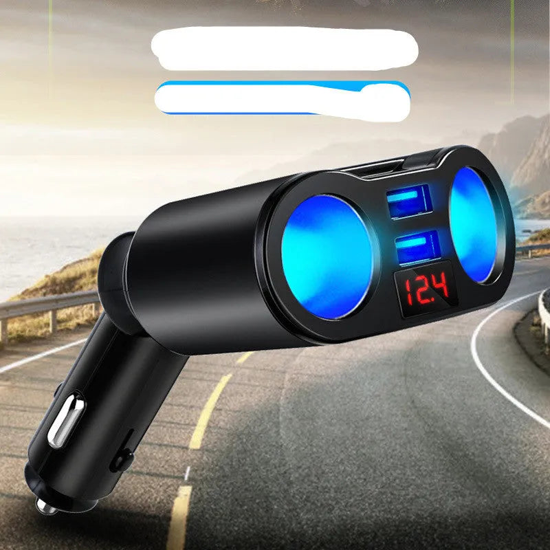 Car Bluetooth FM transmitter and fast charger plugged into a vehicle cigarette lighter socket.
