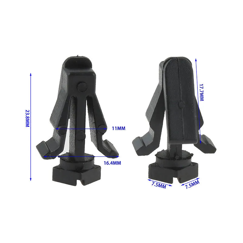 Black plastic automotive fastening clip for Nissan bumper or grille, part number 76882-0M060.
