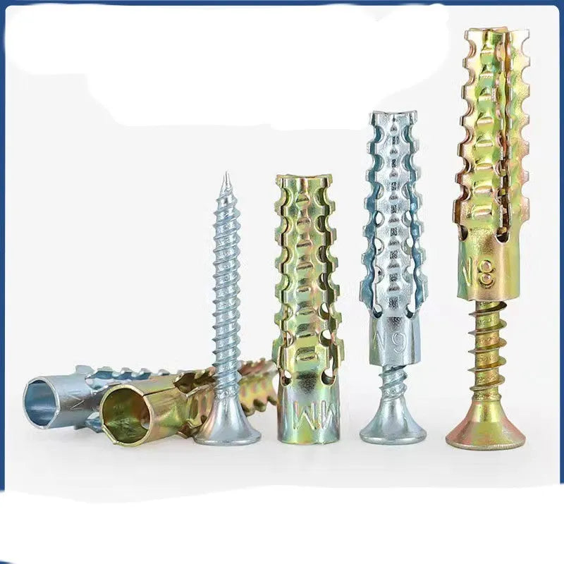 Metal Christmas tree barbed expansion tube screws in various sizes for concrete and brick walls.