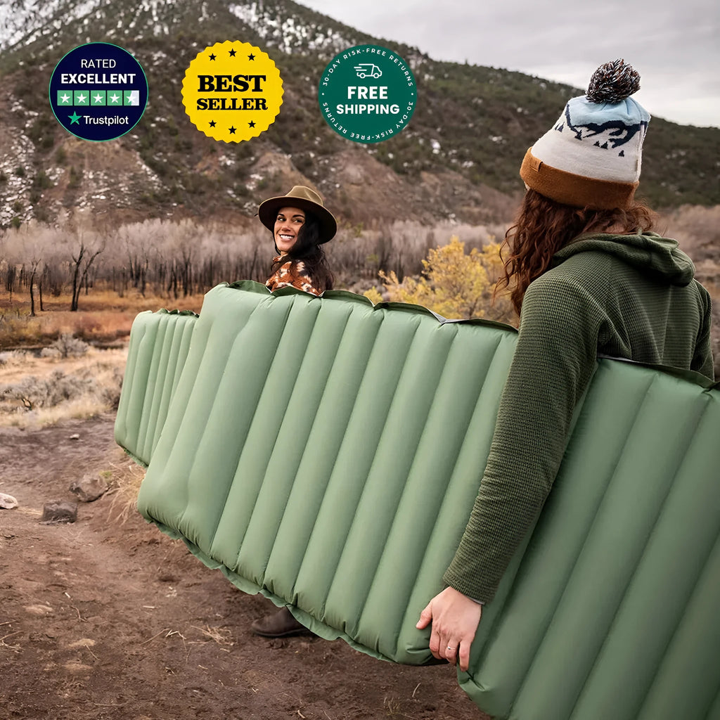 Single portable inflatable camping mattress in grey, shown at full 195cm length and 10cm thickness.
