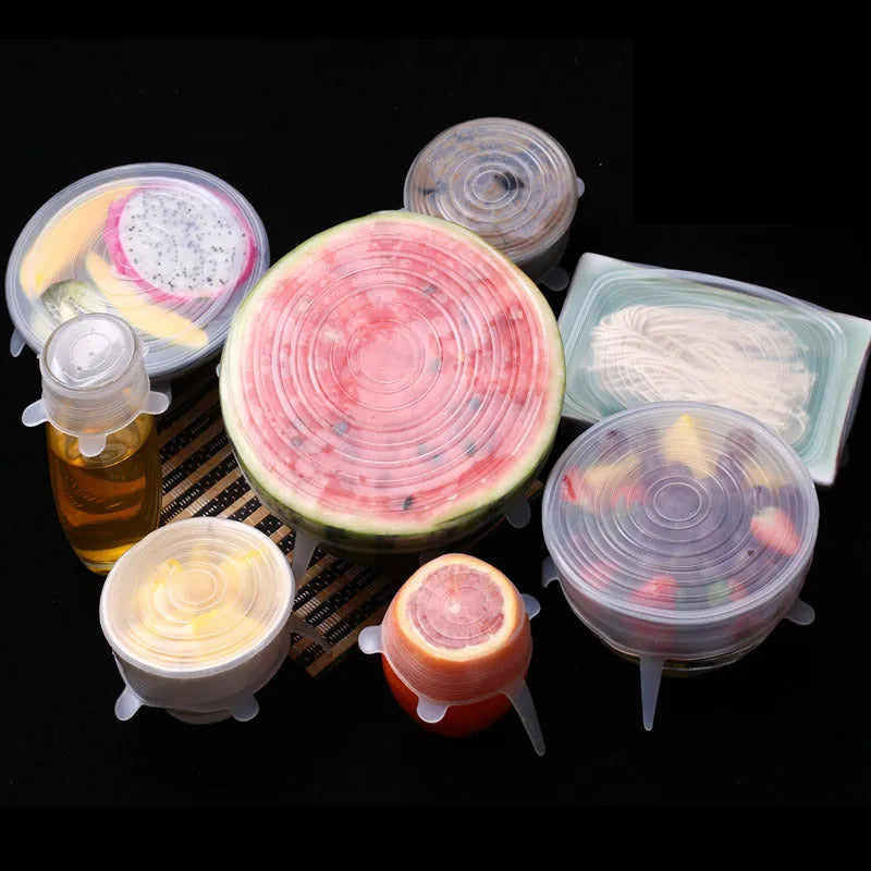 Six silicone stretch food covers in different sizes from 6.5cm to 20.5cm diameter