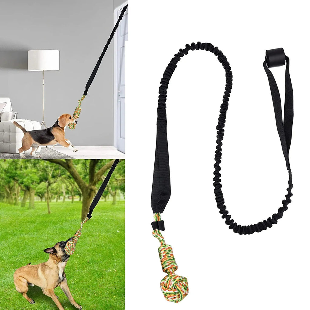 A long, woven cotton rope dog tug toy shown in a choice of black, grey, or red.