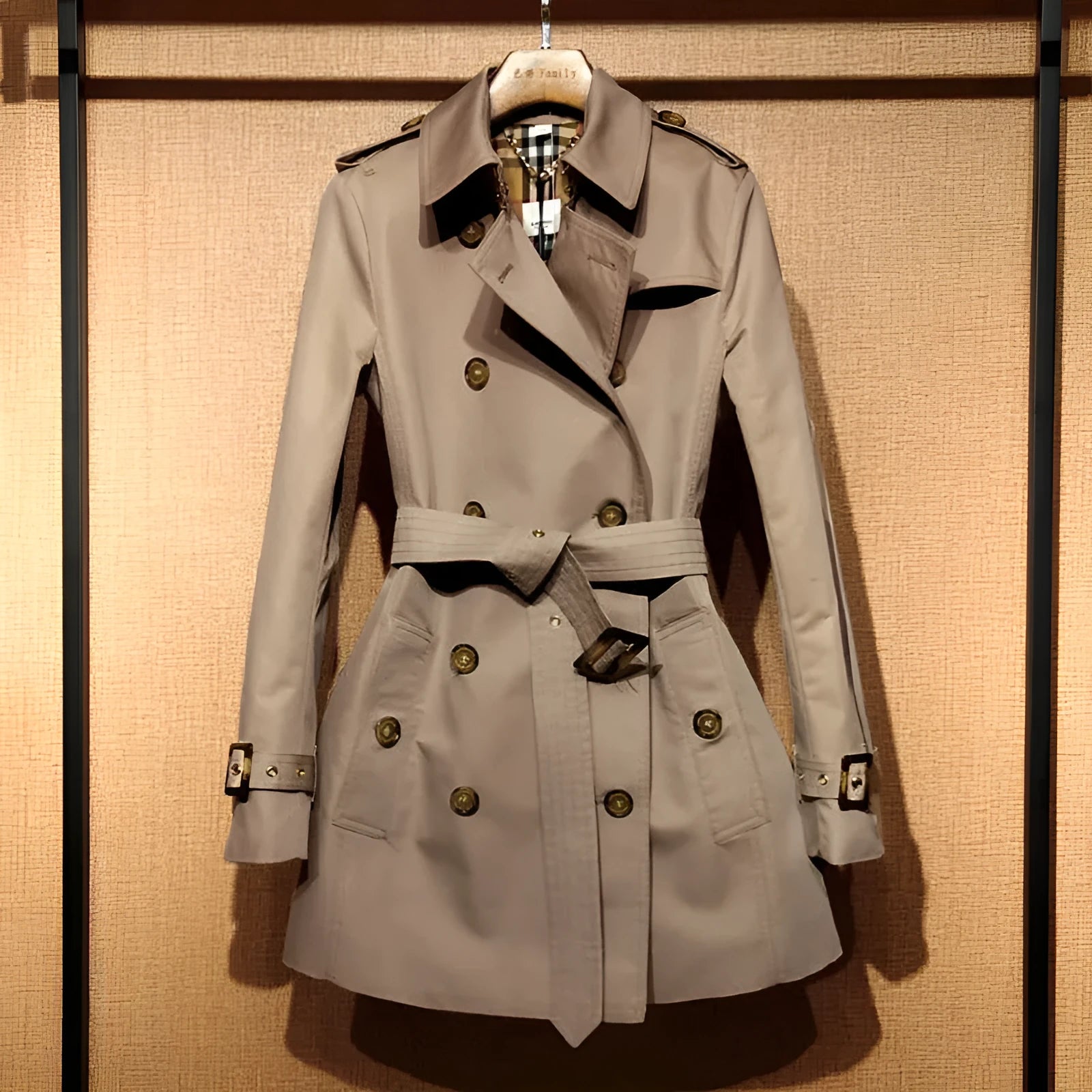 Women's khaki trench coat with double-breasted front and flight sleeves in British style
