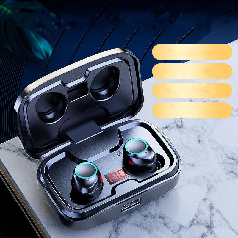 Black, blue, and red wireless in-ear earphones with Bluetooth 5.0 shown on a white background.