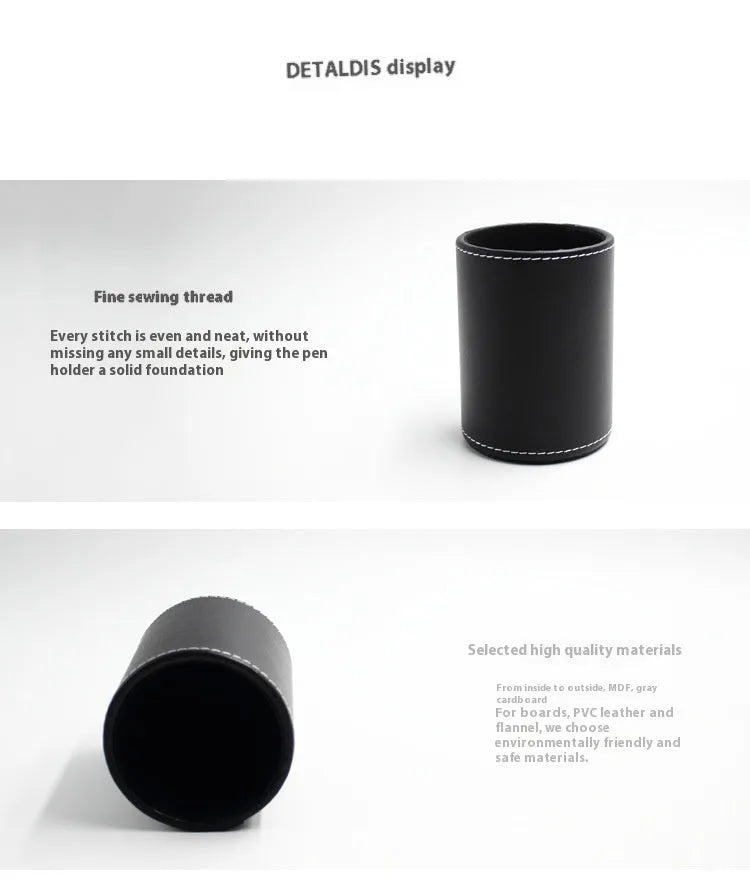Round black leather pen container with 8.0cm diameter and 10.8cm height dimensions
